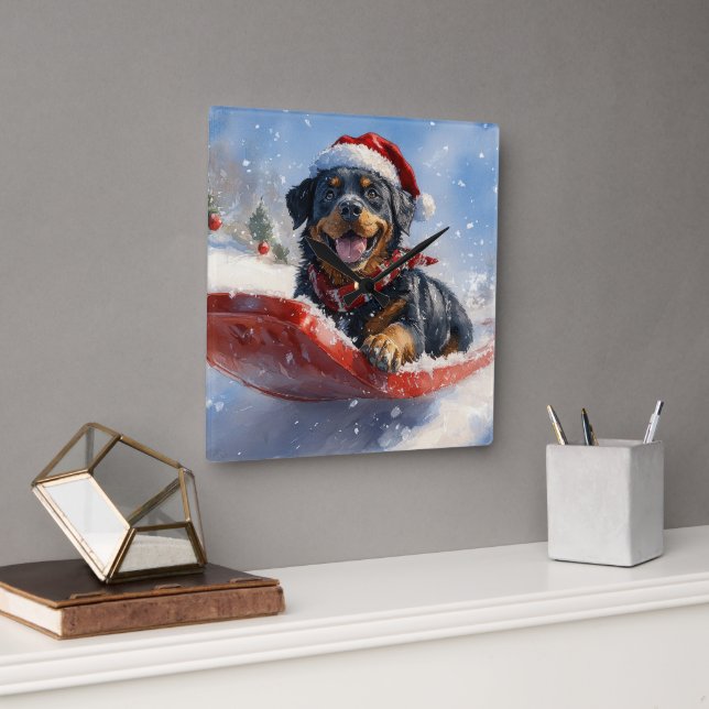 Rottweiler Dog in Sledge Let it Snow Christmas Square Wall Clock (Office)