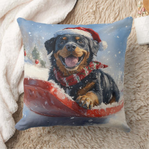 Rottweiler Dog in Sledge Let it Snow Christmas Throw Pillow