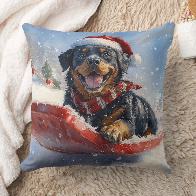 Rottweiler Dog in Sledge Let it Snow Christmas Throw Pillow (Blanket)