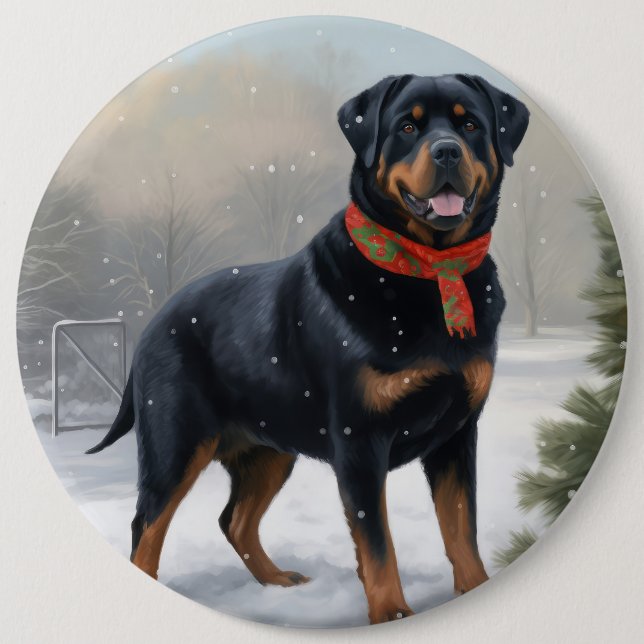 Rottweiler Dog in Snow Christmas 6 Inch Round Button (Front)