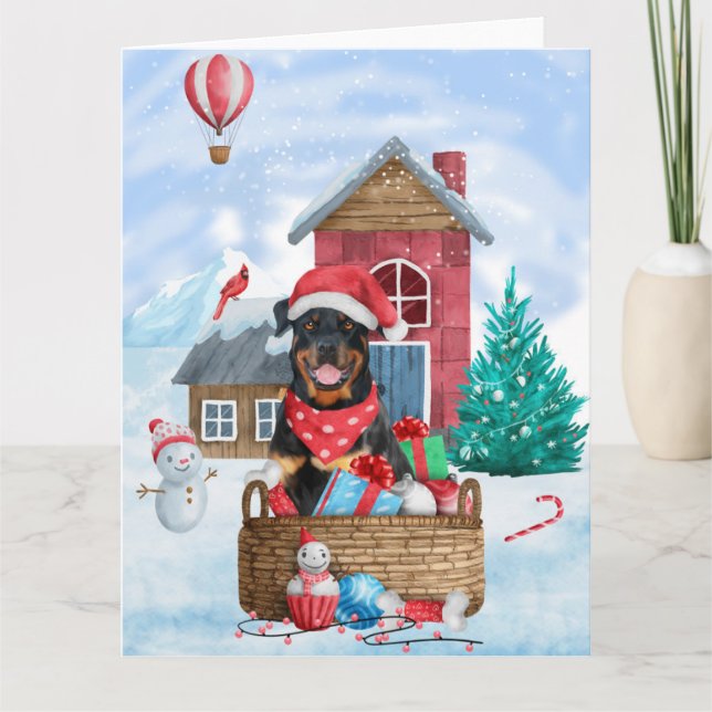 Rottweiler Dog In snow Christmas Dog House  Card (Front)