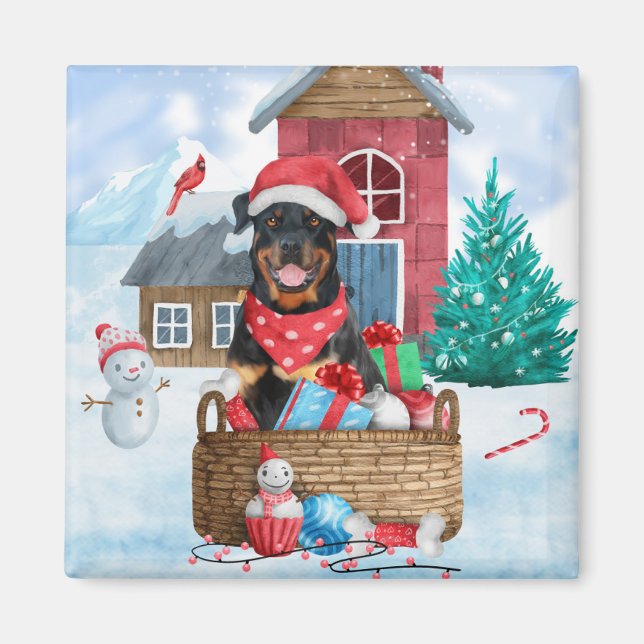Rottweiler Dog In snow Christmas Dog House  Magnet (Front)