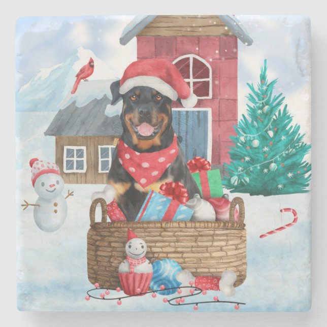 Rottweiler Dog In snow Christmas Dog House  Stone Coaster (Front)