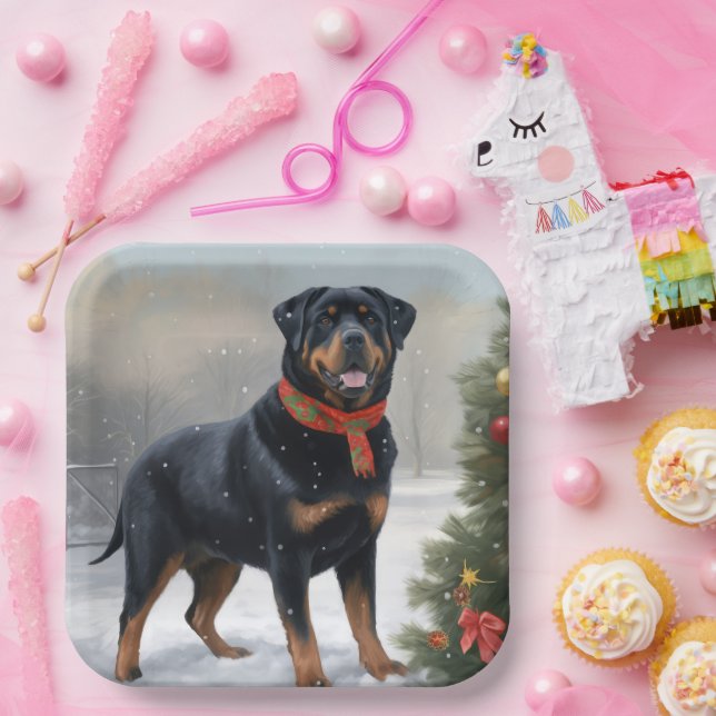 Rottweiler Dog in Snow Christmas Paper Plate (Party)