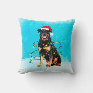 Rottweiler Dog in Snow With Santa Hat Lights Throw Pillow