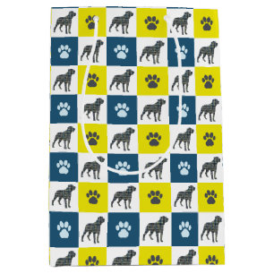 Rottweiler Dog & Paw Yellow & Blue Grid Lines Medium Gift Bag