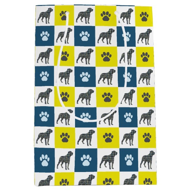 Rottweiler Dog & Paw Yellow & Blue Grid Lines Medium Gift Bag (Front)