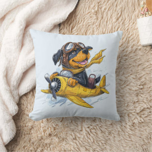 Rottweiler Dog Pilot Airplane Throw Pillow