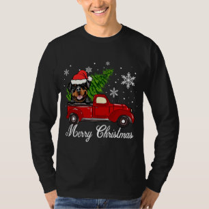 Rottweiler Dog Riding Red Truck Christmas Decorati T-Shirt