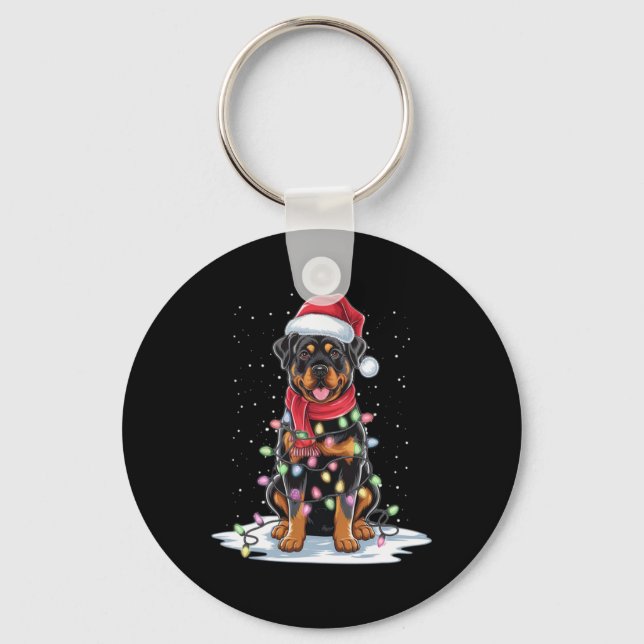 Rottweiler Dog Santa Hat Christmas Tree Light Xmas Keychain (Front)