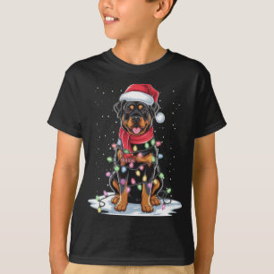 Rottweiler Dog Santa Hat Christmas Tree Light Xmas T-Shirt