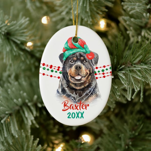 Rottweiler Dog Santa Hat Holiday String Beads Ceramic Ornament (Tree)