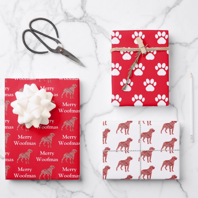 Rottweiler Dog Silhouette Red Merry Woofmas Wrapping Paper Sheet (Front)