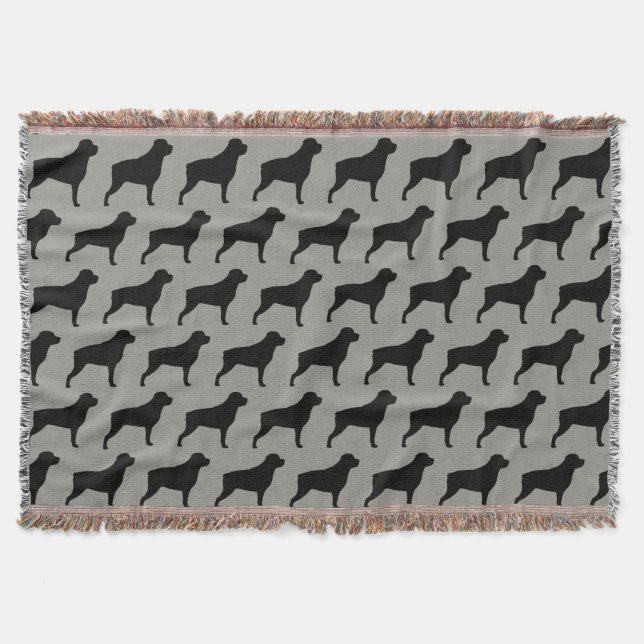 Rottweiler Dog Silhouettes Pattern Grey and Black Throw Blanket (Front)