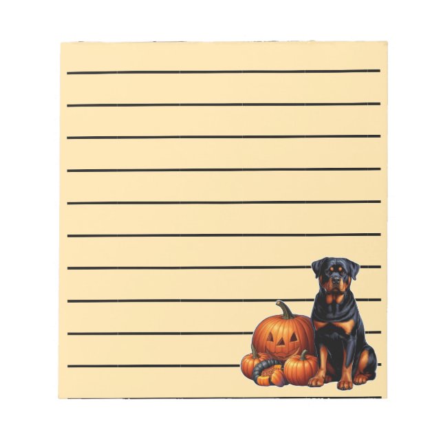 Rottweiler Dog Sitting by Halloween Pumpkins Lined Notepad (Front)