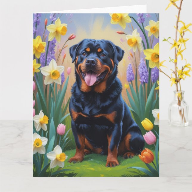 Rottweiler Dog Spring Flowers Painting Card (Yellow Flower)