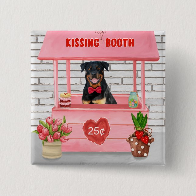 Rottweiler Dog Valentine's Day Kissing Booth 2 Inch Square Button (Front)