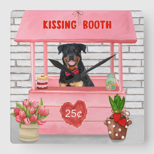 Rottweiler Dog Valentine's Day Kissing Booth Square Wall Clock (Front)