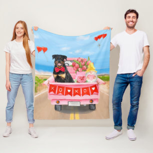 Rottweiler Dog Valentine's Day Truck  Fleece Blanket