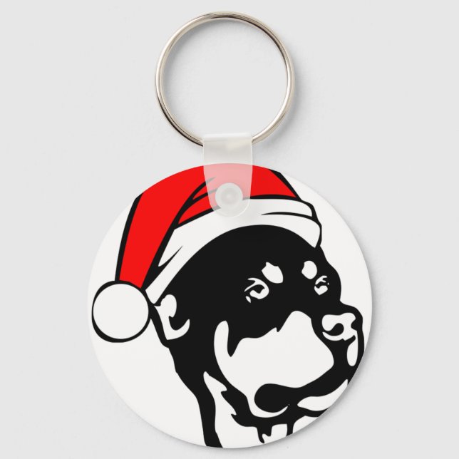 Rottweiler Dog wearing Red Christmas Santa Hat Keychain (Front)