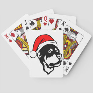 Rottweiler Dog wearing Red Christmas Santa Hat Playing Cards