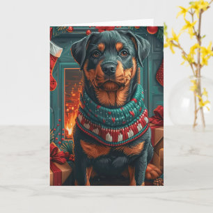 Rottweiler Dog With Christmas Gifts Fireplace Card