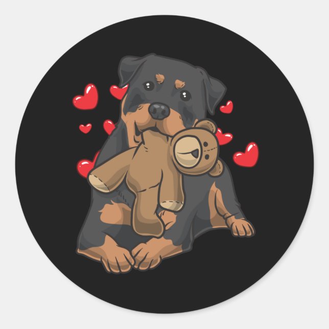 Rottweiler Dog with stuffed animal and hearts Classic Round Sticker (Front)
