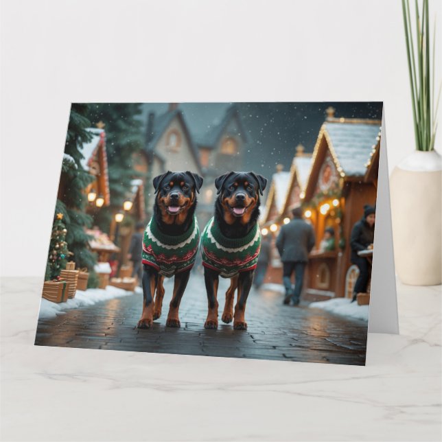 Rottweiler Dogs Christmas Snow Holiday Card (Front)
