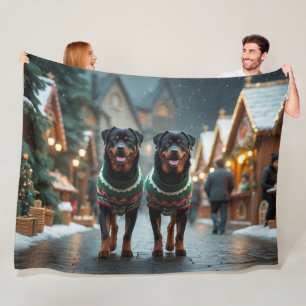 Rottweiler Dogs Christmas Snow Holiday Fleece Blanket