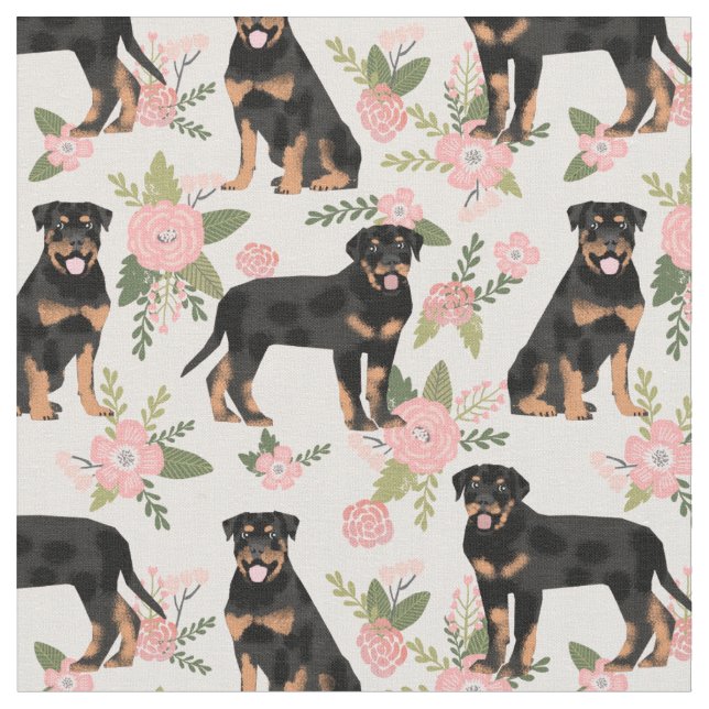 Rottweiler dogs peach florals fabric (Close Up)