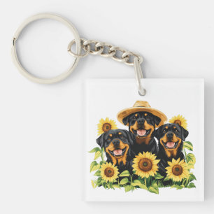 Rottweiler Dogs Surrounded By Sunflowers Keychain