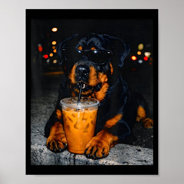 Rottweiler Drinking Iced Coffee Lover Humour Funny Poster (Front)