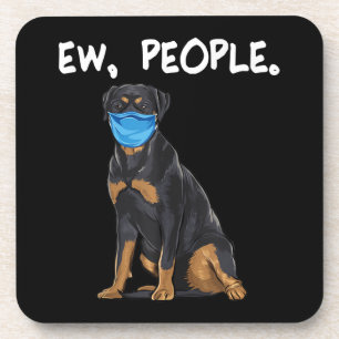 rottweiler ew people dog wearing face mask coaster