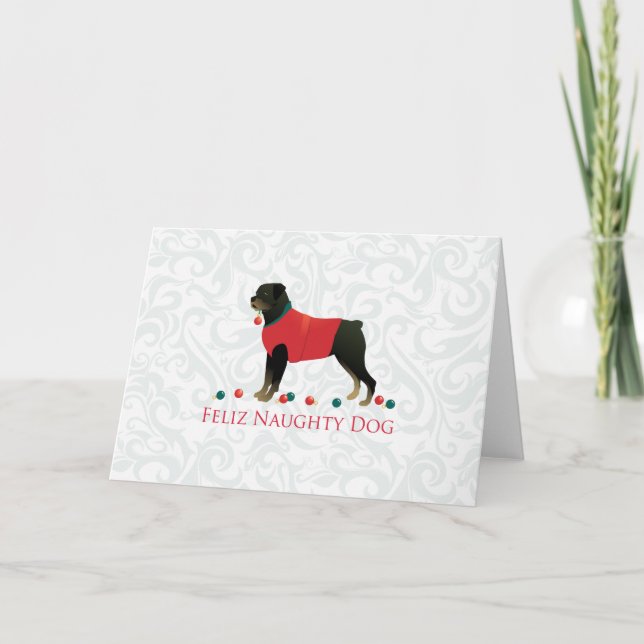 Rottweiler Feliz Naughty Dog Christmas Design Holiday Card (Front)
