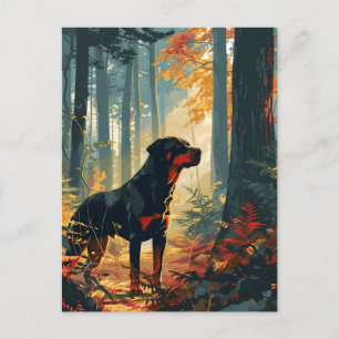 Rottweiler in a forest during sunset postcard