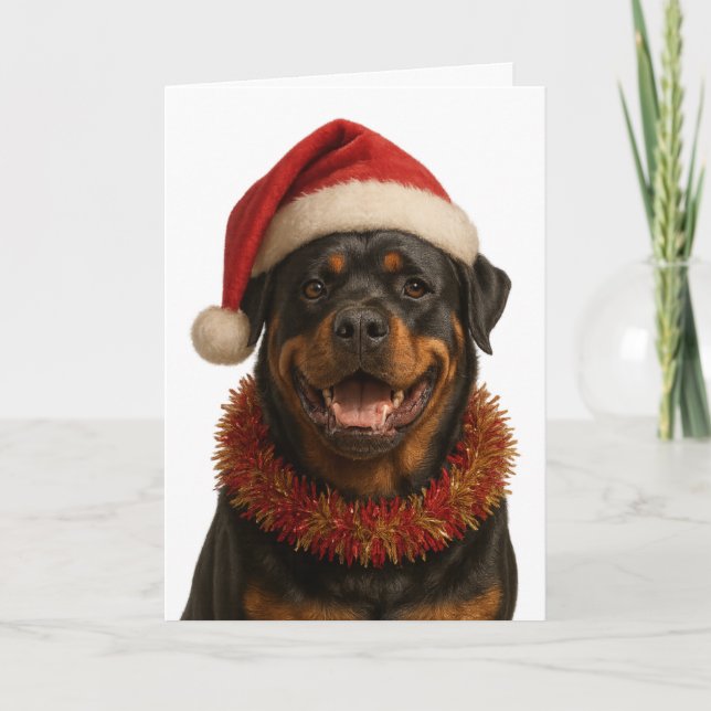 Rottweiler in a Santa hat Christmas card (Front)