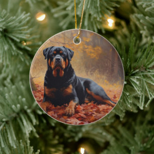 Rottweiler in Autumn Leaves Fall Inspire Ceramic Ornament