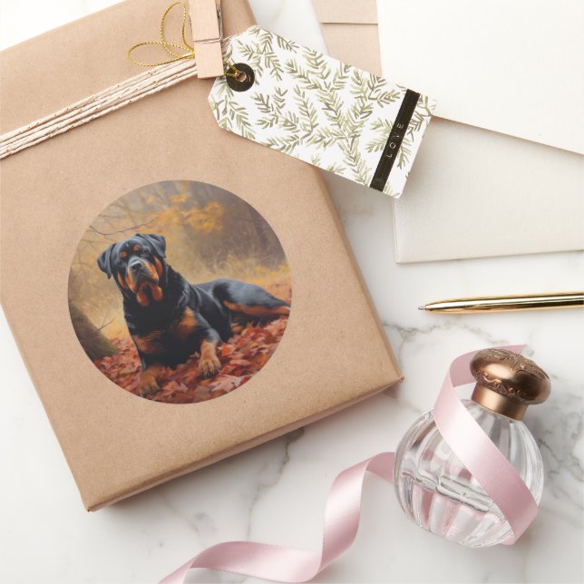 Rottweiler in Autumn Leaves Fall Inspire Classic Round Sticker (Gifting)