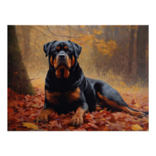 Rottweiler in Autumn Leaves Fall Inspire Poster