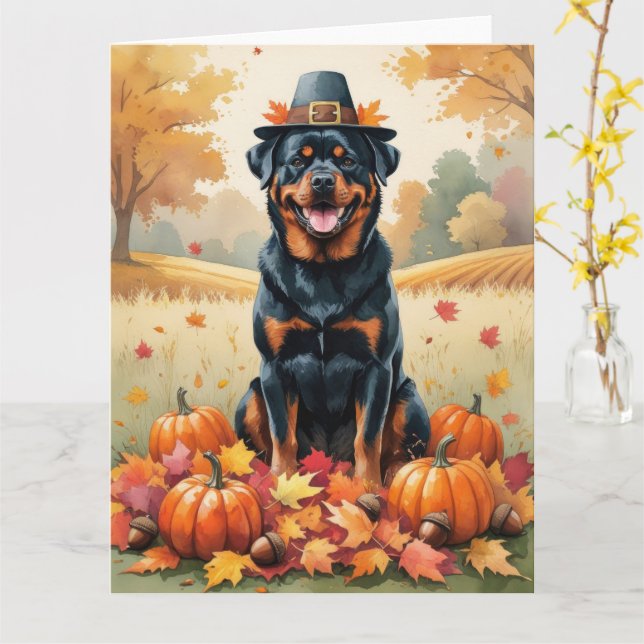 Rottweiler In Autumn Leaves Thanksgiving Art  Card (Yellow Flower)