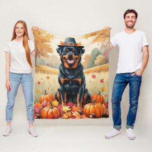 Rottweiler In Autumn Leaves Thanksgiving Art  Fleece Blanket