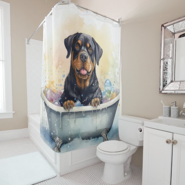 Rottweiler In Bathtub Watercolor Dog Art (In Situ)
