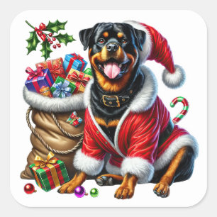 Rottweiler in Festive Attire With Christmas Gifts Square Sticker
