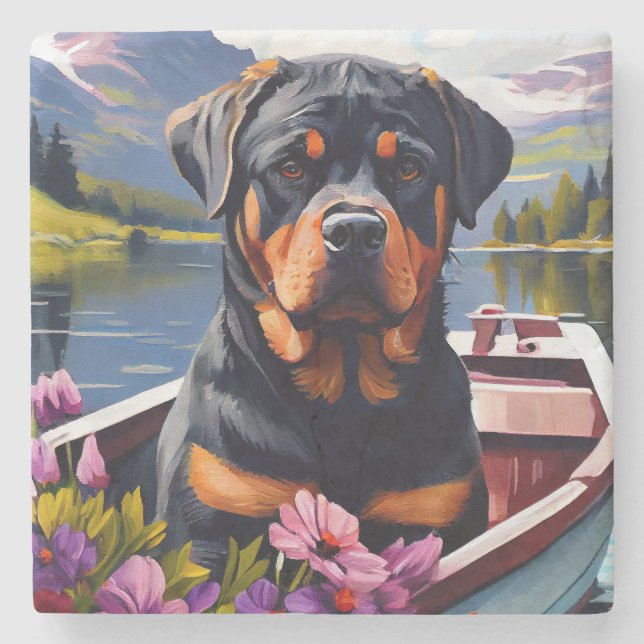 Rottweiler on a Paddle: A Scenic Adventure Stone Coaster (Front)