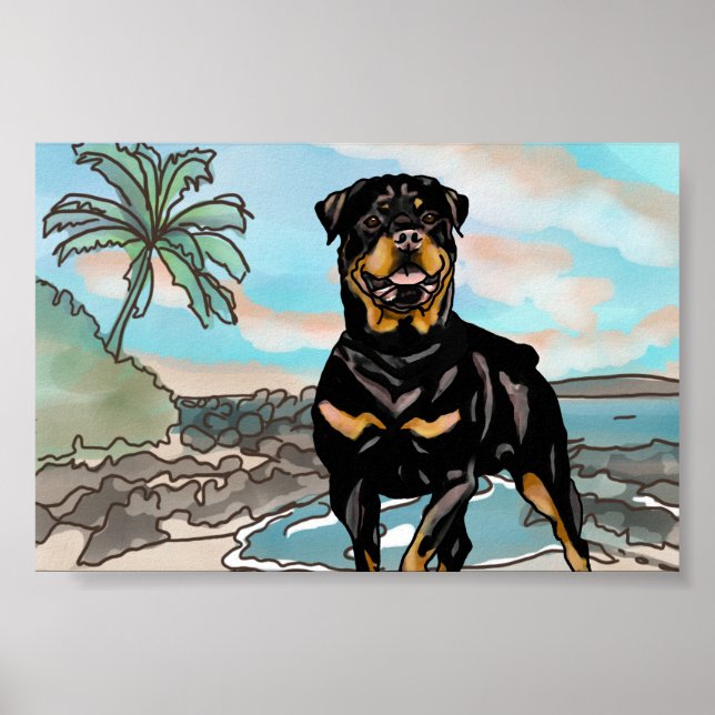 Rottweiler Playing at Hawaii Beach Poster (Front)