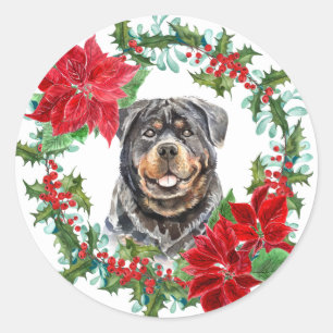 Rottweiler Poinsettia Holly Berry Christmas Wreath Classic Round Sticker