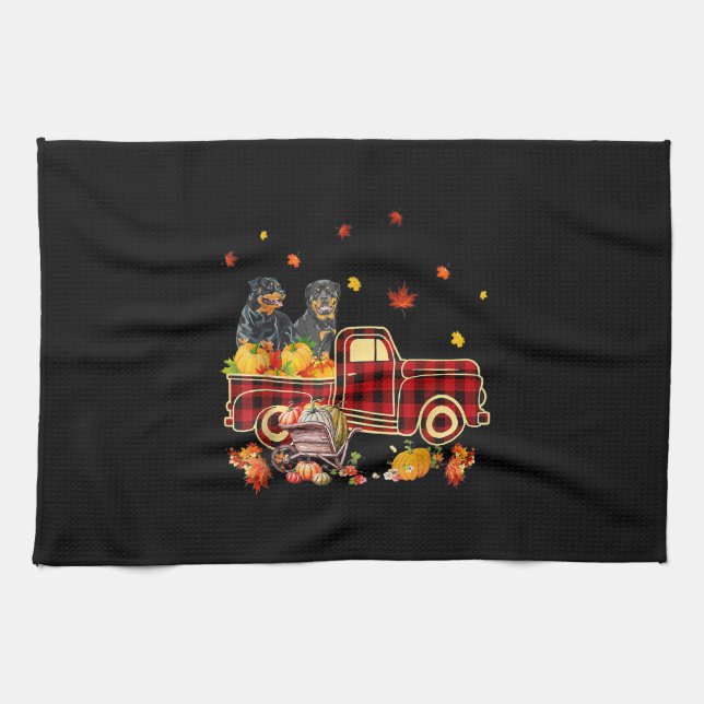 Rottweiler Pumpkin Truck Fall Leaf Thanksgiving Kitchen Towel (Horizontal)