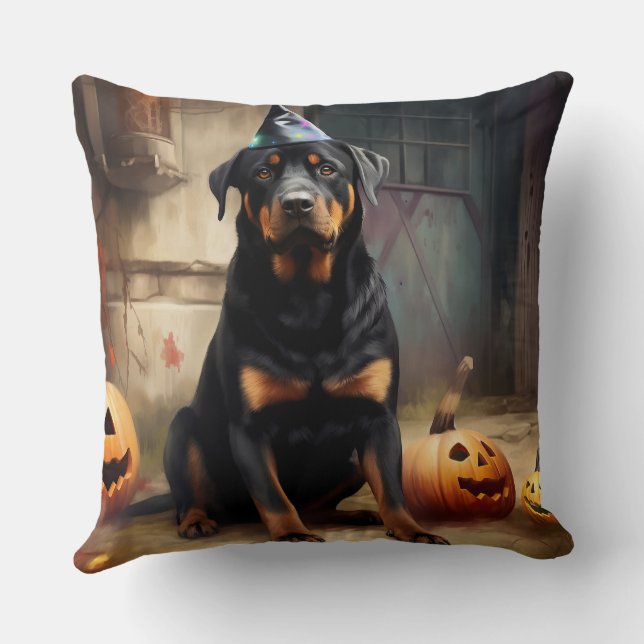 Rottweiler Pumpkins Halloween Scary  Throw Pillow (Back)