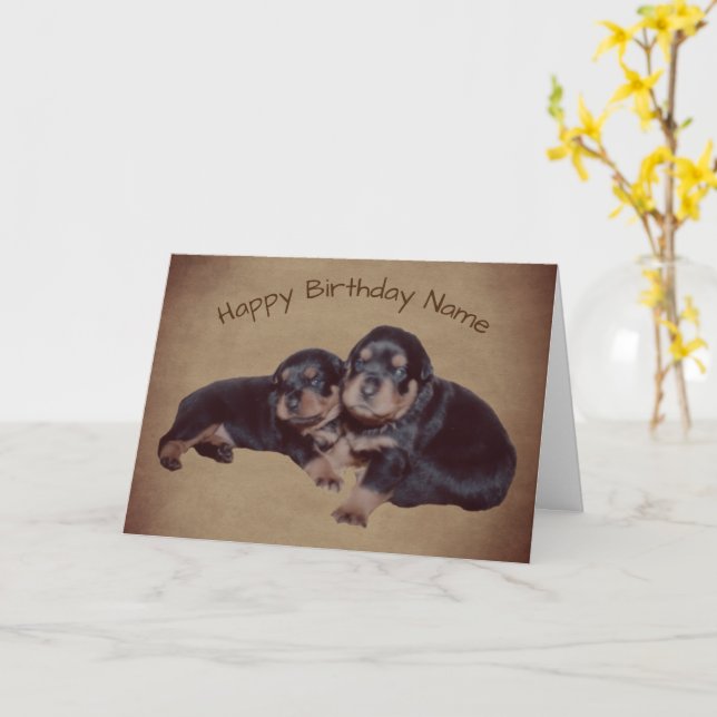 Rottweiler Puppies Personalized Birthday Card (Yellow Flower)
