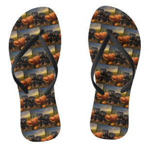 Rottweiler Puppy Autumn Delight Pumpkin Flip Flops